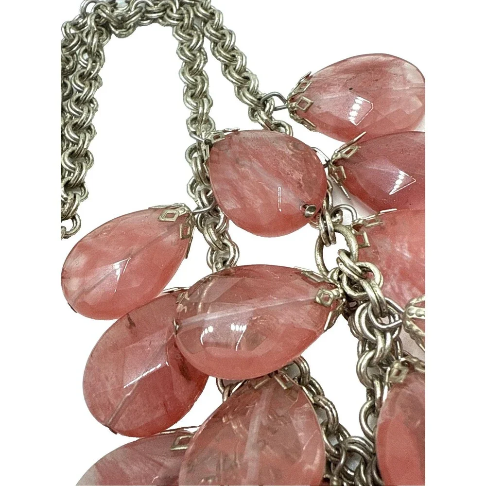 Rose Quartz Bib Necklace Double Strand Teardrop Dangle Stone Bead Statement 18